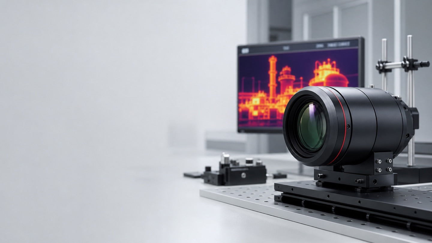 Infrared lens on an optical bench with thermal imaging monitor